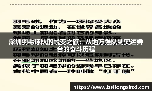深圳羽毛球队的蜕变之旅：从地方强队到奥运舞台的奋斗历程